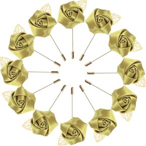 Flower Lapel Pins for Men, Golden Leaf Rose Boutonnieres Pin for Wedding/Dance/Party, Mens Lapel Pins for Suits Satin Flower Corsage Hat Pins