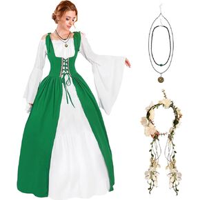 Women Renaissance Costume Medieval Over Dress Chemise Boho Set High Waist Gown Dress Accessories for Halloween Cosplay