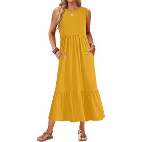 AUSELILY Womens Summer Dresses 2024 Sleeveless Maxi Dress Crewneck Casual Flowy Tiered Sundresses with Pockets