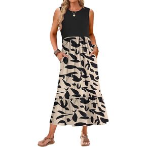 AUSELILY Womens Summer Dresses 2024 Sleeveless Maxi Dress Crewneck Casual Flowy Tiered Sundresses with Pockets in Saudi Arabia