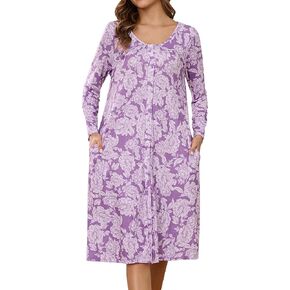 Marvmys Women Long Sleeve Duster Housecoat Button Down Nightgowns Cotton House Dress with Pockets