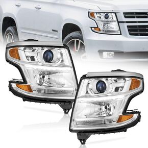 Headlights for 2015-2020 Tahoe/Suburban, 2016-2019 Chevy 3500HD Halogen Type Headlamp Chrome Housing Amber Reflector Left+Right Side