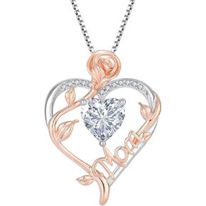 Heart Necklace for Mom 925 Sterling Silver Rose Birthstone Pendant Necklce Birthday Mother's Day Gifts Jewelry for Mother Grandma Women