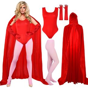 Shinymoon Women's Halloween Cosplay Costume Red Bodysuit with Hooded Cloak Velvet Cape Satin Gloves Footed Tights Suits