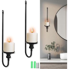 Black Wall Candle Holder Set of 2, Metal Hanging Wall Sconces Candle Holder Iron Decor for Home, Wall Holder Decor for Fireplace, Dining Room, Bathroom