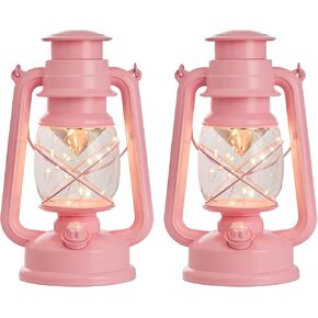 Pink LED Vintage Lantern with 20 LED Lights Silver Wire, Suitable for Home and Outdoor Usage, Battery Powered, 6/18 Timer, Adorable Pink Color for Wedding, Party or Valentine’s Day, 2 Pack