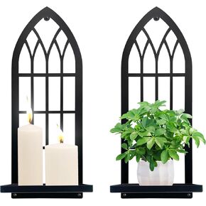 Gothic Wall Sconces Set of Two Candle Holder, Black Metal Gothic Wall Decor, Arched Church Wall Sconces, Rustic Farmhouse Home Wall Art Decor for Living Room, Bathroom, Bedroom, Dining Room(Arched)