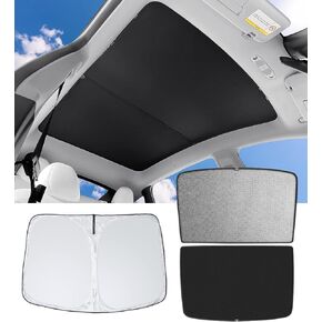 3PCS Tesla Model Y Windshield Sunshade & Roof Sun Shades, Reflective Polyester Covers Blocks Heat & Sun UV Rays, Foldable Sun Visor Keeps Your Car Cool, Tesla Model Y Accessories 2020-2024