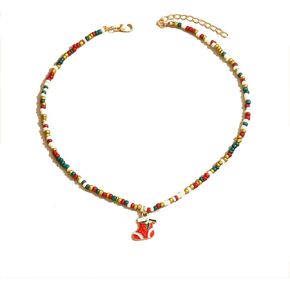 Christmas Colored Bead Link Pendant Necklace，Dainty Christmas Tree Santa Claus Snowflake Snowman Bell Boots Pendant Necklace for Women，Gifts for Xmas Party