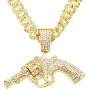 18K Gold Plated Pistol Gun Necklace for Men Women Iced Out Clear Rhinestone Gun Pistol Pendant with Bling Rhinestone Punk Personality Cuban Chain Stainless Steel Necklace