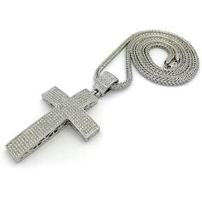 Mens Iced Out Hip Hop Silver Finish Large Cz Cross Pendant w/ 36" Franco Chain Necklace