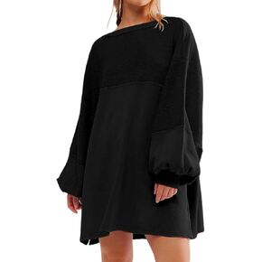 Women Oversized Long Sleeve Patchwork Sweatshirt Dress Solid Crewneck Drop Shoulder Pullover Sweatshirts Dresses Black