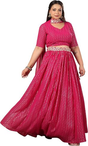 مجموعة Janasya Indian للسيدات مقاس كبير من رقائق جورجيت الوردية المطبوعة والمزينة جاهزة للارتداء مجموعة Lehenga Choli العرقية in Kuwait