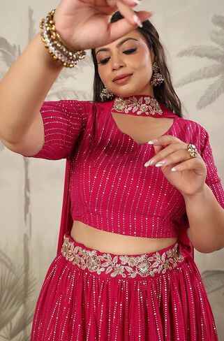 مجموعة Janasya Indian للسيدات مقاس كبير من رقائق جورجيت الوردية المطبوعة والمزينة جاهزة للارتداء مجموعة Lehenga Choli العرقية in Kuwait