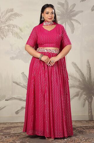 مجموعة Janasya Indian للسيدات مقاس كبير من رقائق جورجيت الوردية المطبوعة والمزينة جاهزة للارتداء مجموعة Lehenga Choli العرقية in Kuwait