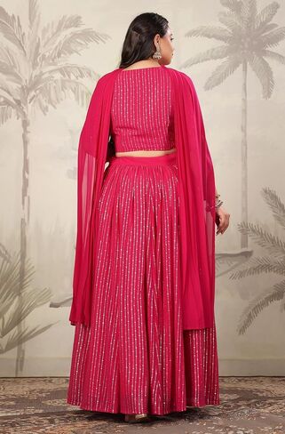 مجموعة Janasya Indian للسيدات مقاس كبير من رقائق جورجيت الوردية المطبوعة والمزينة جاهزة للارتداء مجموعة Lehenga Choli العرقية in Kuwait