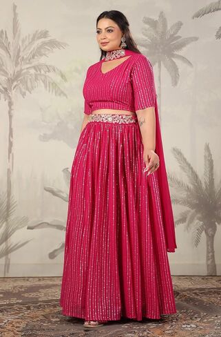 مجموعة Janasya Indian للسيدات مقاس كبير من رقائق جورجيت الوردية المطبوعة والمزينة جاهزة للارتداء مجموعة Lehenga Choli العرقية in Kuwait