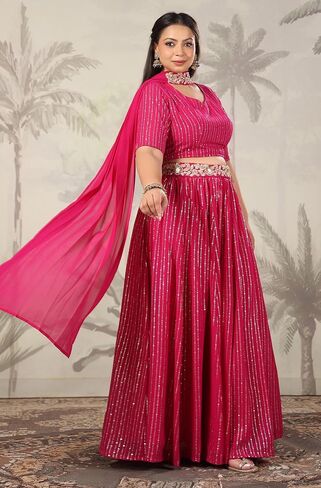 مجموعة Janasya Indian للسيدات مقاس كبير من رقائق جورجيت الوردية المطبوعة والمزينة جاهزة للارتداء مجموعة Lehenga Choli العرقية in Kuwait