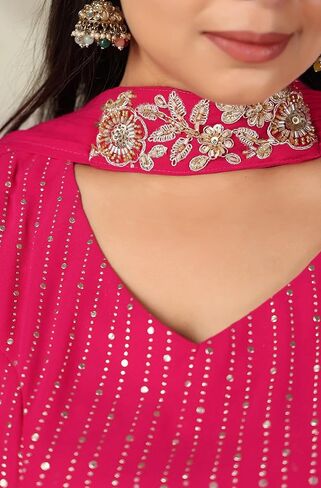 مجموعة Janasya Indian للسيدات مقاس كبير من رقائق جورجيت الوردية المطبوعة والمزينة جاهزة للارتداء مجموعة Lehenga Choli العرقية in Kuwait