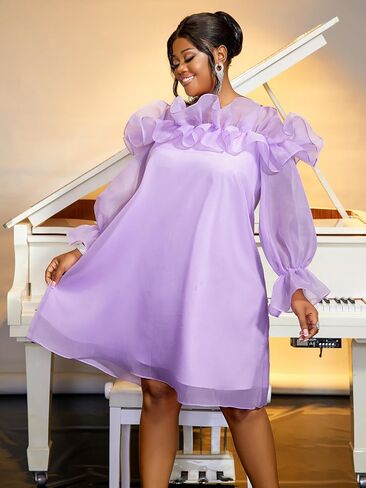 AOMEI Women Sweet Cold Shoulder Ruffle Mesh Dress Spaghetti Strap Long Sleeve Casual Chiffon Flowy Shift Short Dresses in Kuwait