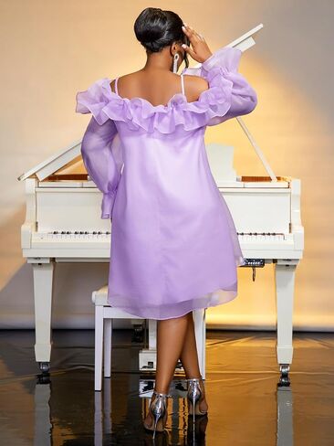AOMEI Women Sweet Cold Shoulder Ruffle Mesh Dress Spaghetti Strap Long Sleeve Casual Chiffon Flowy Shift Short Dresses in Kuwait