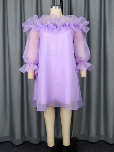 AOMEI Women Sweet Cold Shoulder Ruffle Mesh Dress Spaghetti Strap Long Sleeve Casual Chiffon Flowy Shift Short Dresses in Kuwait