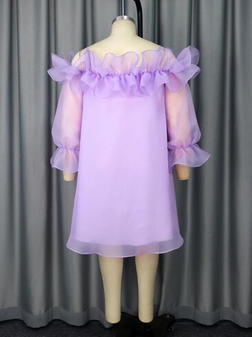 AOMEI Women Sweet Cold Shoulder Ruffle Mesh Dress Spaghetti Strap Long Sleeve Casual Chiffon Flowy Shift Short Dresses in Kuwait