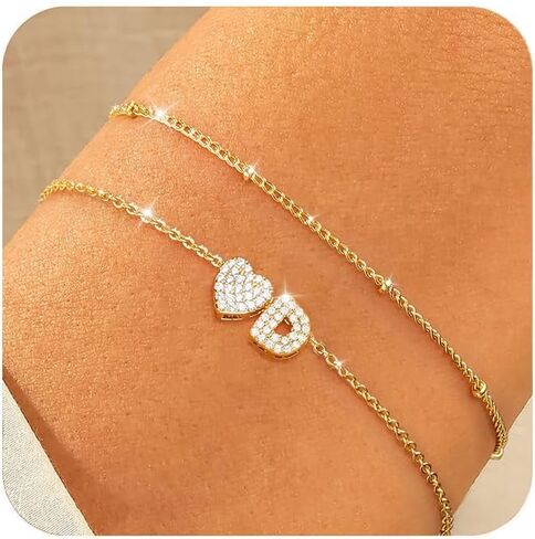 أساور Honsny Dainty Gold الأولية للنساء العصرية 18K مطلية بالذهب A-Z القلب أساور ساحرة أولية غير مشوهة الطبقات لطيف حرف سوار الذهب وصيفة الشرف عيد الحب هدايا المجوهرات in Saudi Arabia