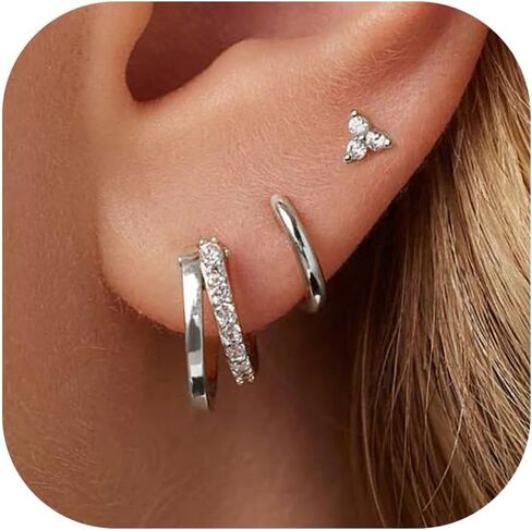 3 Pairs Gold Hoop Earrings Set for Women Dainty Stud Earrings 14K Gold/Silver Plated Hypoallergenic Earrings for Multiple Piercings Cartilage Stud Small Hoop Dainty Earrings Set in Saudi Arabia