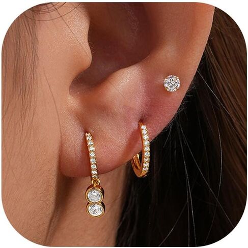 3 Pairs Gold Hoop Earrings Set for Women Dainty Stud Earrings 14K Gold/Silver Plated Hypoallergenic Earrings for Multiple Piercings Cartilage Stud Small Hoop Dainty Earrings Set in Saudi Arabia
