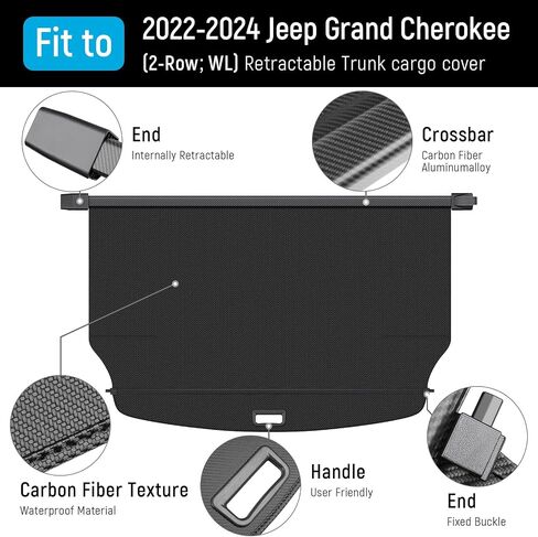 Cargo Cover Compatible with Jeep Grand Cherokee 2022-2025 (2 Row; WL) Accessories Carbon Fiber Texture Retractable Trunk Cover Security Shield Luggage Privacy (Carbon Fiber Texture) in Saudi Arabia