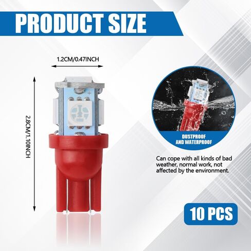 10PCS Car Interior LED Light Bulb, T10 5050 5SMD LED Car Bulb Kit, Super Bright Automotive Led Replacement Bulbs for Car Interior Dome Map Door Light License Plate Light DC 12V (Red) in Saudi Arabia