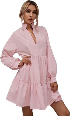 Floerns Women's Casual High Waist Notch Neck Long Sleeve Rufle Hem Smock Dress in Saudi Arabia