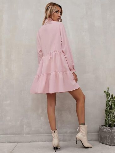 Floerns Women's Casual High Waist Notch Neck Long Sleeve Rufle Hem Smock Dress in Saudi Arabia