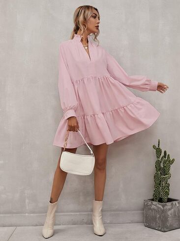 Floerns Women's Casual High Waist Notch Neck Long Sleeve Rufle Hem Smock Dress in Saudi Arabia