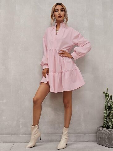 Floerns Women's Casual High Waist Notch Neck Long Sleeve Rufle Hem Smock Dress in Saudi Arabia