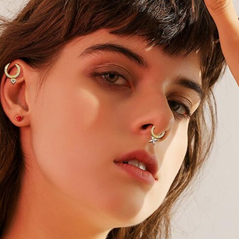 Staligue 16G Septum Clicker Rings Dangle septum jewelry for Women Stainless Steel Septum Clicker Hinged Segment Septum Rings Set Butterfly Star Moon Heart Cartilage Septum Piercing Jewelry in Saudi Arabia