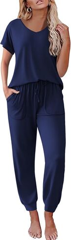 Ekouaer Womens Pajama Sets 2 Piece Lounge Set Short Sleeve Jogger Pants Pjs | V Neck Sleepwear with Pockets,Sleep & Lounge at Home,Casual Outfit Outing,Jogging,Running,Morning Walks,Yoga,Vacation,S-XXL in Saudi Arabia