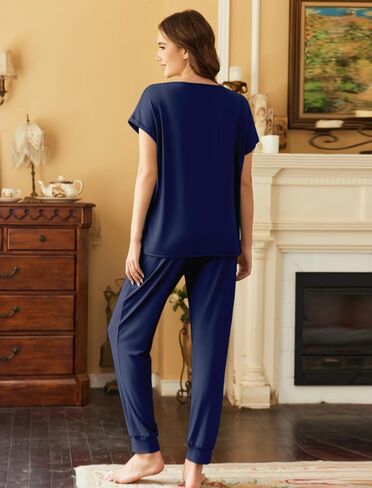 Ekouaer Womens Pajama Sets 2 Piece Lounge Set Short Sleeve Jogger Pants Pjs | V Neck Sleepwear with Pockets,Sleep & Lounge at Home,Casual Outfit Outing,Jogging,Running,Morning Walks,Yoga,Vacation,S-XXL in Saudi Arabia