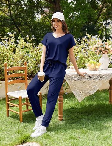 Ekouaer Womens Pajama Sets 2 Piece Lounge Set Short Sleeve Jogger Pants Pjs | V Neck Sleepwear with Pockets,Sleep & Lounge at Home,Casual Outfit Outing,Jogging,Running,Morning Walks,Yoga,Vacation,S-XXL in Saudi Arabia