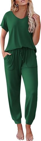 Ekouaer Womens Pajama Sets 2 Piece Lounge Set Short Sleeve Jogger Pants Pjs | V Neck Sleepwear with Pockets,Sleep & Lounge at Home,Casual Outfit Outing,Jogging,Running,Morning Walks,Yoga,Vacation,S-XXL in Saudi Arabia