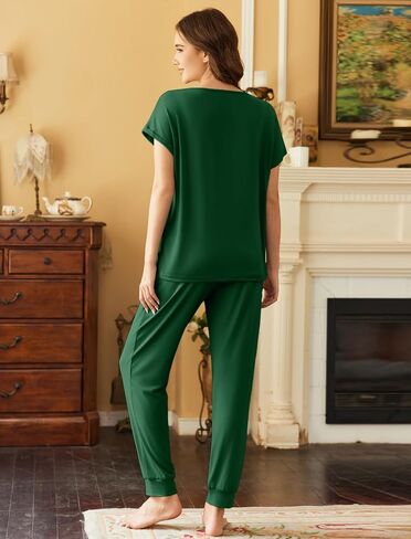 Ekouaer Womens Pajama Sets 2 Piece Lounge Set Short Sleeve Jogger Pants Pjs | V Neck Sleepwear with Pockets,Sleep & Lounge at Home,Casual Outfit Outing,Jogging,Running,Morning Walks,Yoga,Vacation,S-XXL in Saudi Arabia