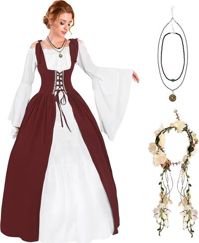 Women Renaissance Costume Medieval Over Dress Chemise Boho Set High Waist Gown Dress Accessories for Halloween Cosplay in Saudi Arabia