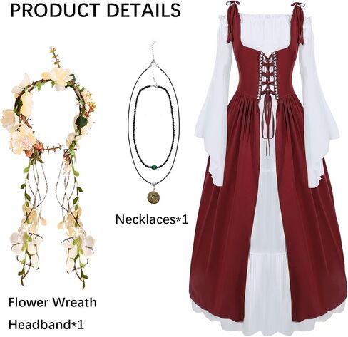 Women Renaissance Costume Medieval Over Dress Chemise Boho Set High Waist Gown Dress Accessories for Halloween Cosplay in Saudi Arabia