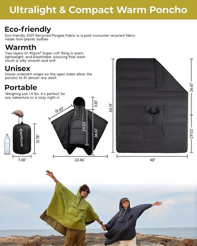 KingCamp Blanket Poncho Hooded Ultralight Water, Warm Camping Blanket Wearable Poncho Ultralight Compact, Camp Poncho Sleeping Bag, Green in Kuwait