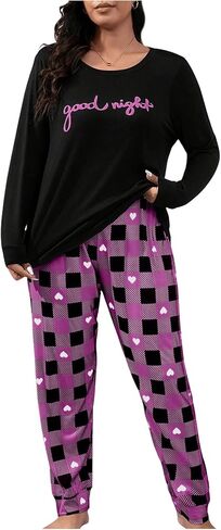 Women's Plus Size 2 Piece Pajama Sets Long Sleeve Graphic Tees Tops and Gingham Pants Soft Sleepwear in Saudi Arabia
