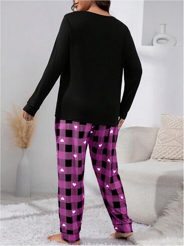 Women's Plus Size 2 Piece Pajama Sets Long Sleeve Graphic Tees Tops and Gingham Pants Soft Sleepwear in Saudi Arabia