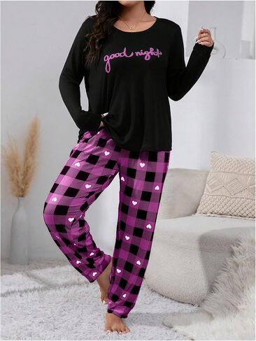 Women's Plus Size 2 Piece Pajama Sets Long Sleeve Graphic Tees Tops and Gingham Pants Soft Sleepwear in Saudi Arabia