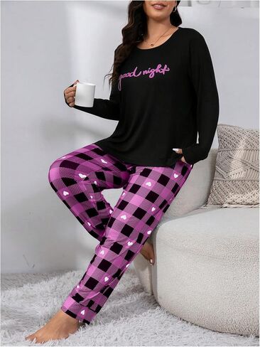 Women's Plus Size 2 Piece Pajama Sets Long Sleeve Graphic Tees Tops and Gingham Pants Soft Sleepwear in Saudi Arabia