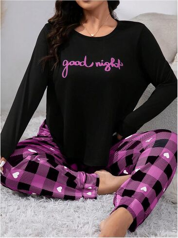 Women's Plus Size 2 Piece Pajama Sets Long Sleeve Graphic Tees Tops and Gingham Pants Soft Sleepwear in Saudi Arabia